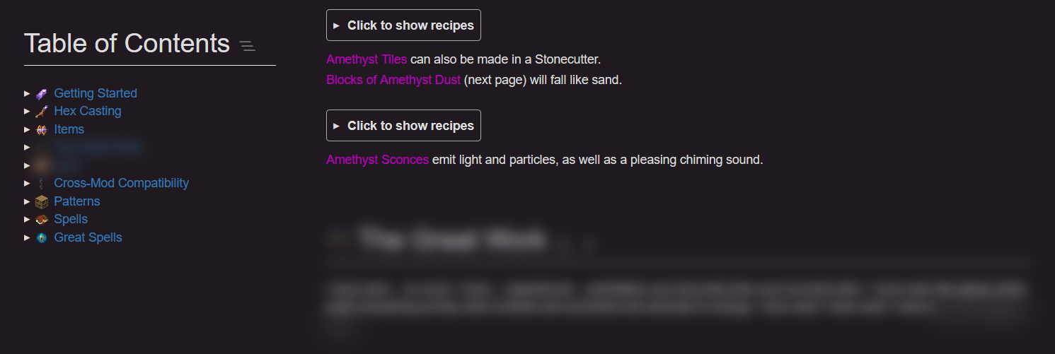 A screenshot of a spoilered entry in the Hex Casting web book